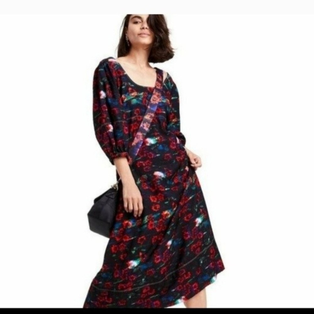 Rachel Comey Target Dark Moody Floral Print Puff Sleeve Midi Long Sleeve Dress